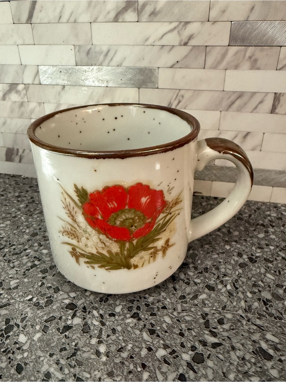 Vintage 1970’s Speckled Stomeware Mug From Japan Red Poppy Floral Design